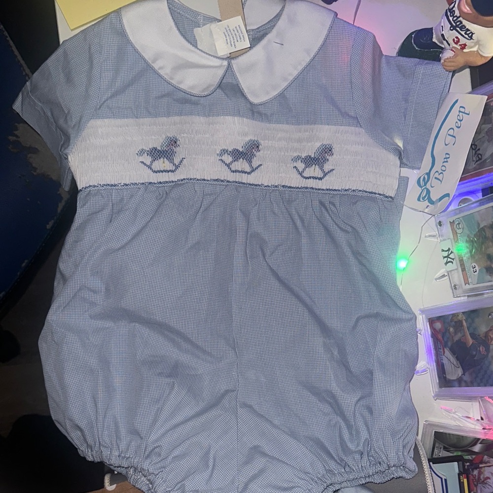 Blue Baby Romper with Embroidered Rocking Horse